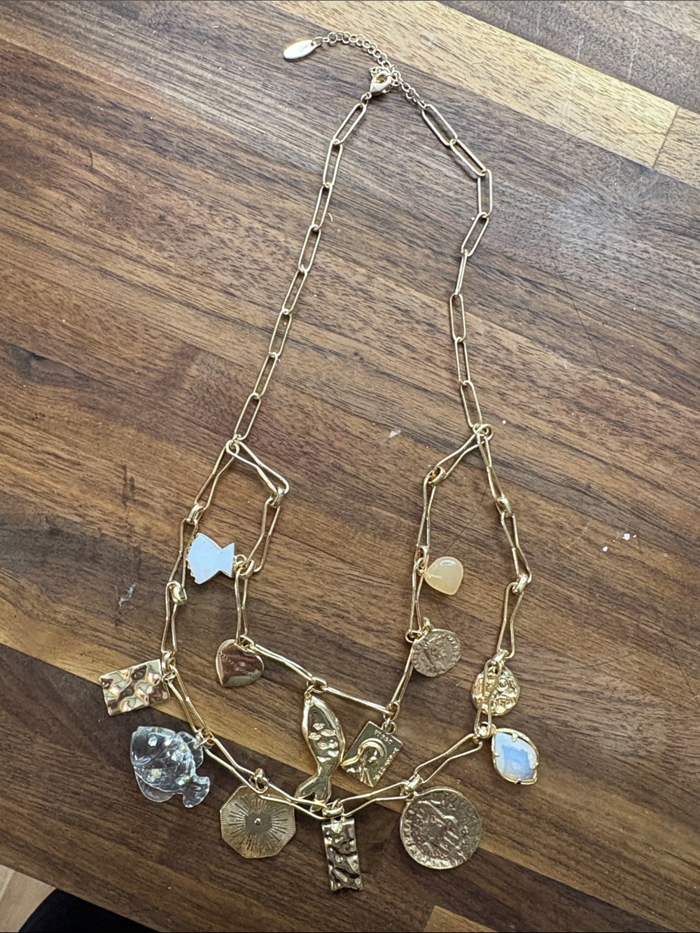 Anthropologie Gold Multi-Charm Link Necklace with Iridescent Accents